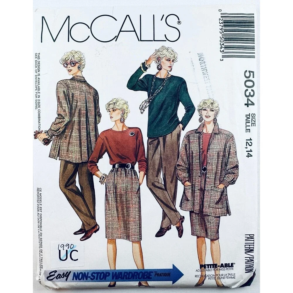 90s McCalls 5034 Jacket Top Elastic Waist Skirt Pants Pattern Sz 12-14 UNCUT.